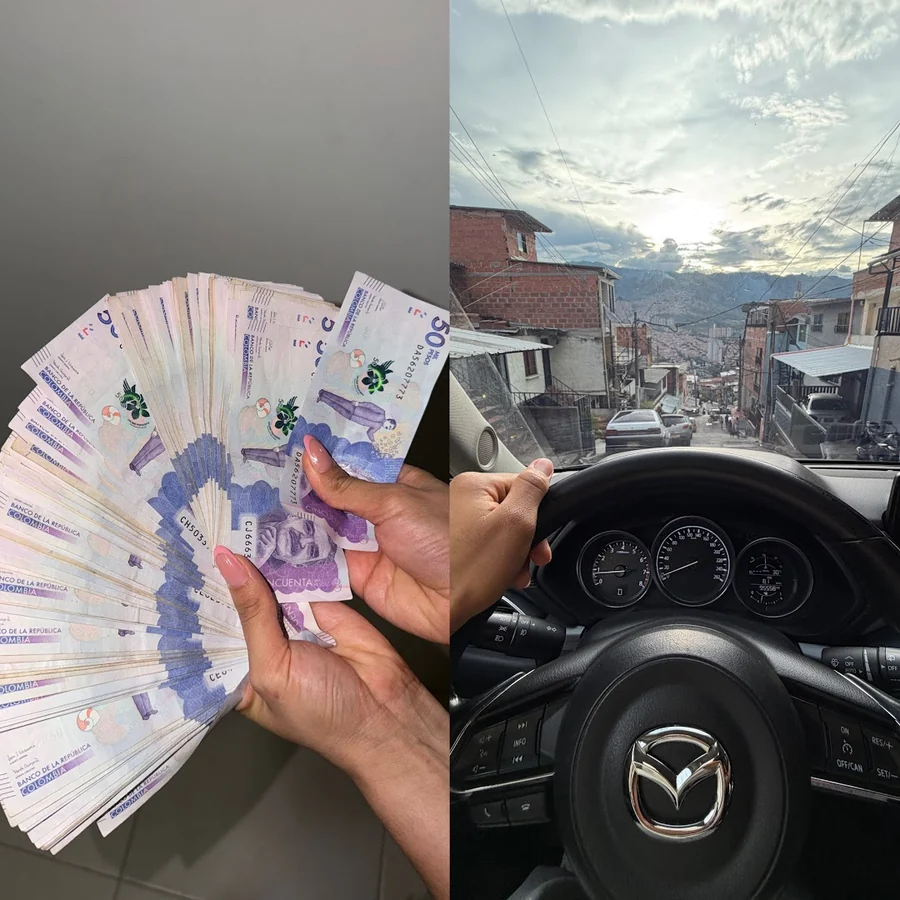 Dos fotos: manos sosteniendo billetes colombianos de cincuenta mil y una persona conduciendo su carro por Medellín.