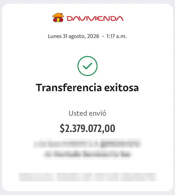 Comprobante de transferencia exitosa por COP 2.379.072, 31 ago 2026. Datos personales ocultos.