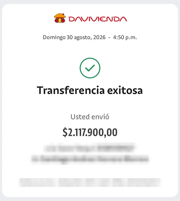 Comprobante de transferencia exitosa por COP 2.117.900, 30 ago 2026. Datos personales ocultos.