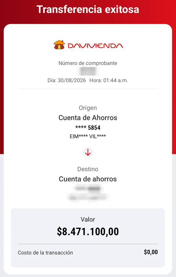 Comprobante de transferencia exitosa por COP 8.471.100, 30 ago 2026. Datos personales ocultos.
