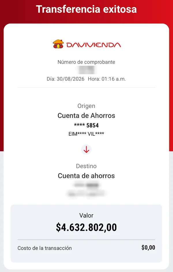 Comprobante de transferencia exitosa por COP 4.632.802, 30 ago 2026. Datos personales ocultos.