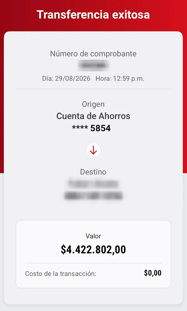 Comprobante de transferencia exitosa por COP 4.422.802, 29 ago 2026. Datos personales ocultos.
