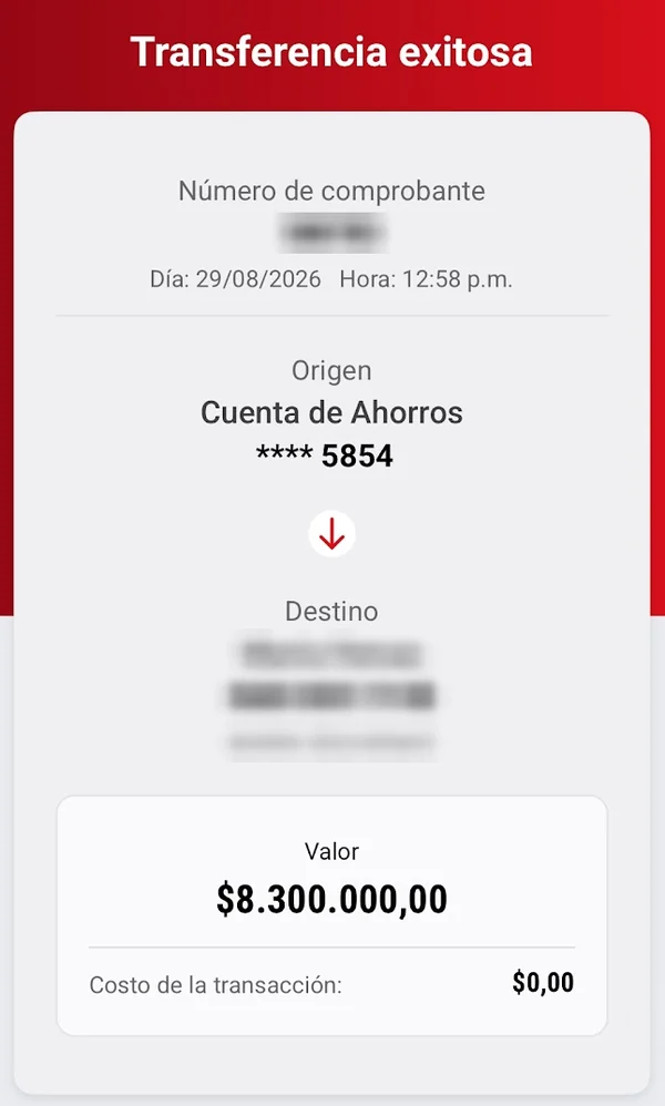 Comprobante de transferencia exitosa por COP 8.300.000, 29 ago 2026. Datos personales ocultos.