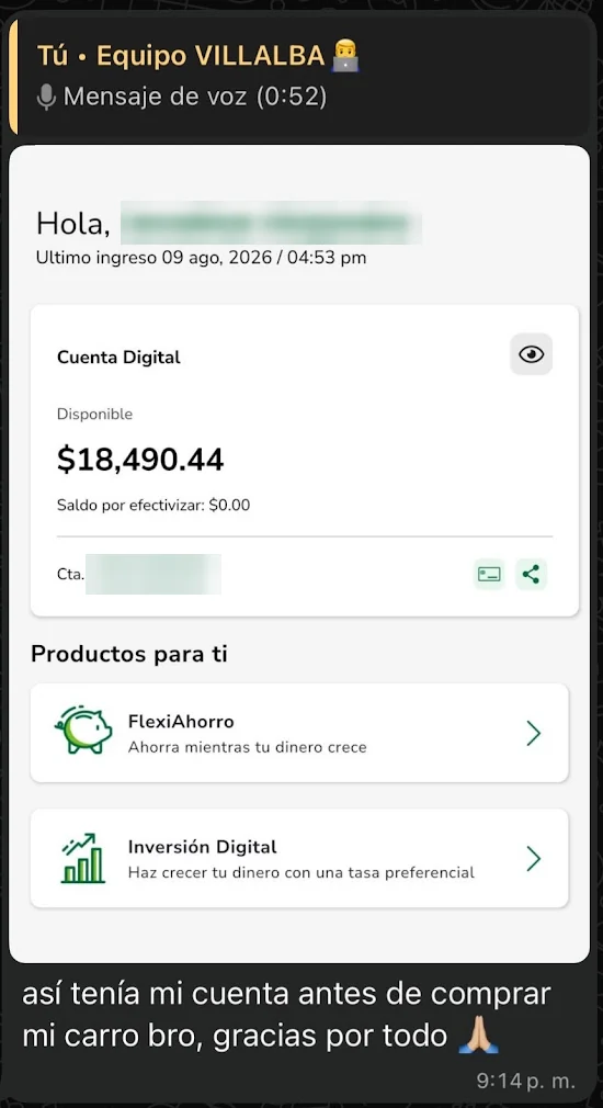 Mensaje de un colaborador con la captura de su saldo bancario: así tenía mi cuenta antes de comprar mi carro. Nombre y número de cuenta ocultos.