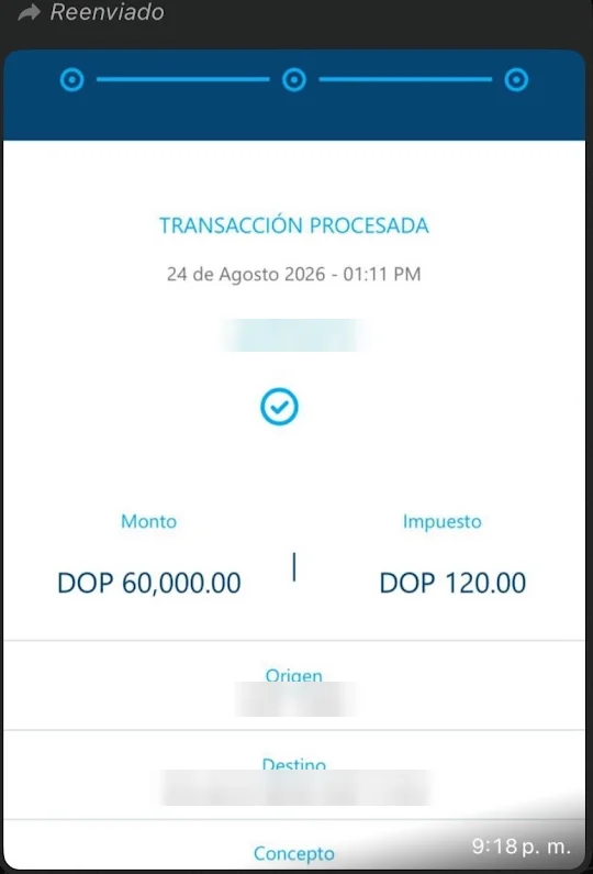 Comprobante de transacción procesada por 60.000 pesos dominicanos, 24 de agosto de 2026. Datos personales ocultos.